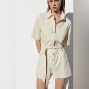 Zara ecru cream denim short belted jumpsuit romper